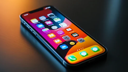 Apple iPhone Display with Colorful Application Grid Interface Layout.