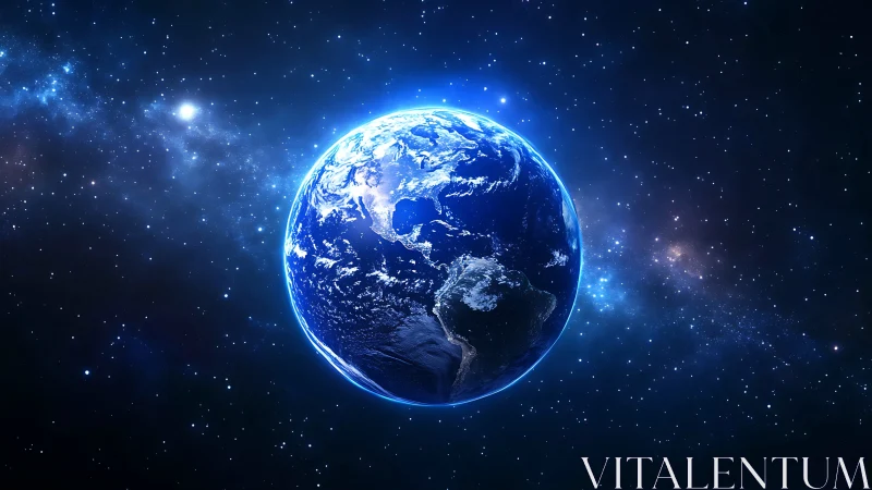 Our glowing blue Earth rests quietly in a star filled cosmos