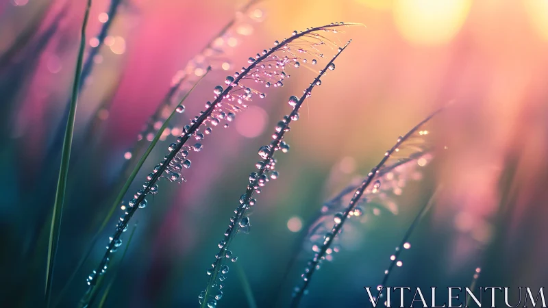Sunlit dew on grass blades glows in dreamy pastel light