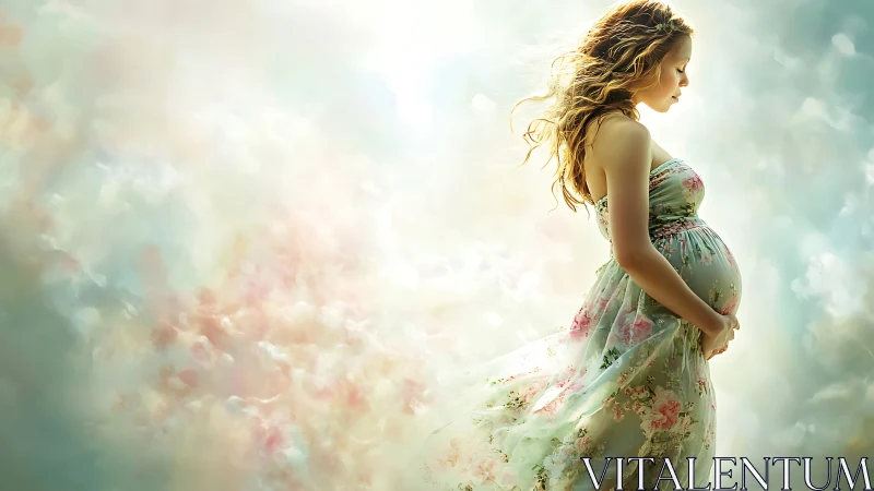 Pregnant woman in floral dress against soft pastel clouds.