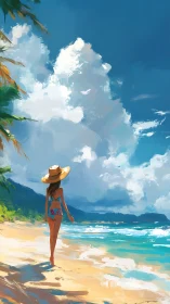 Sunlit beach stroll under towering tropical clouds.