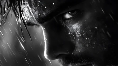 Intense male portrait under hard rain in stark grayscale.