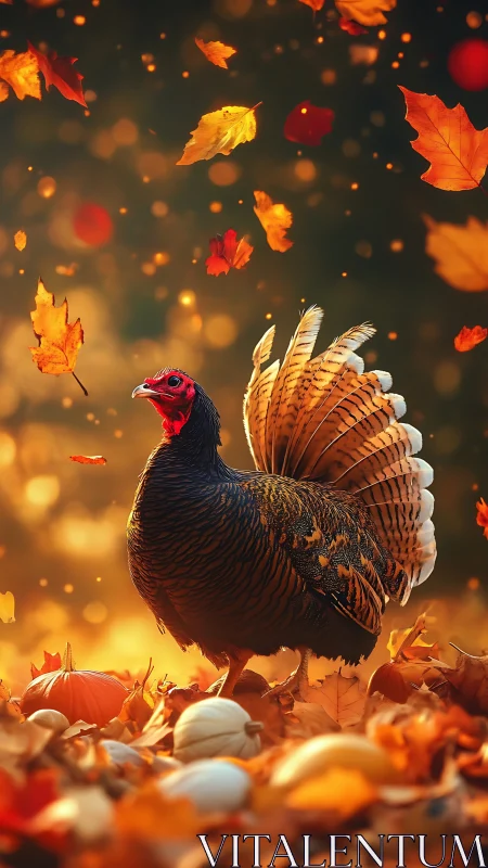 Turkey bird standing among pumpkins and autumn leaves outdoors.