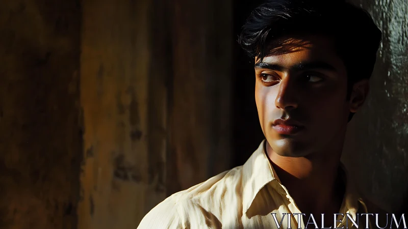 Young man gazes sideways under strong directional light