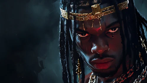 Regal digital portrait of intense king in jeweled crown.