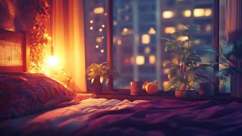 Bedroom window bench holds plants, bedding and city lights