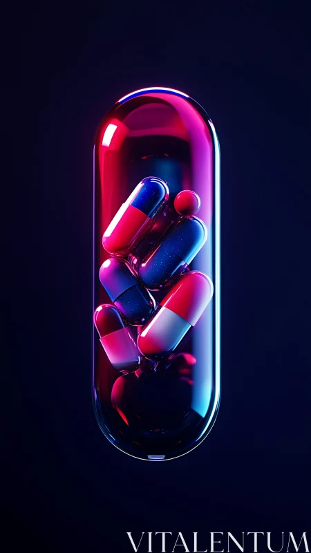 Glowing capsule of colorful pills shines in neon night space