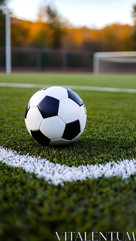 Quiet soccer ball waiting on the bright green touchline.