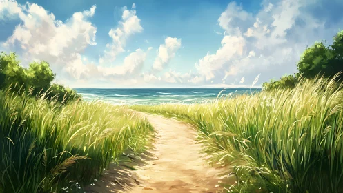 Sunny coastal path through tall dune grass to calm sea.
