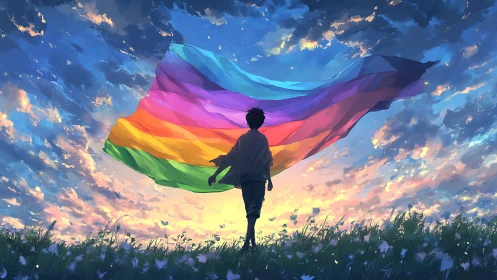 Silhouette child with rainbow flag in vivid sunset field.