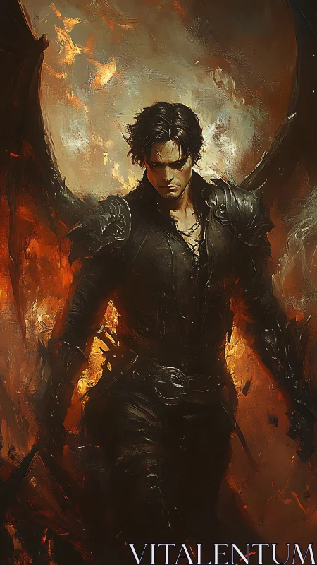 Dark winged warrior in infernal painterly composition.
