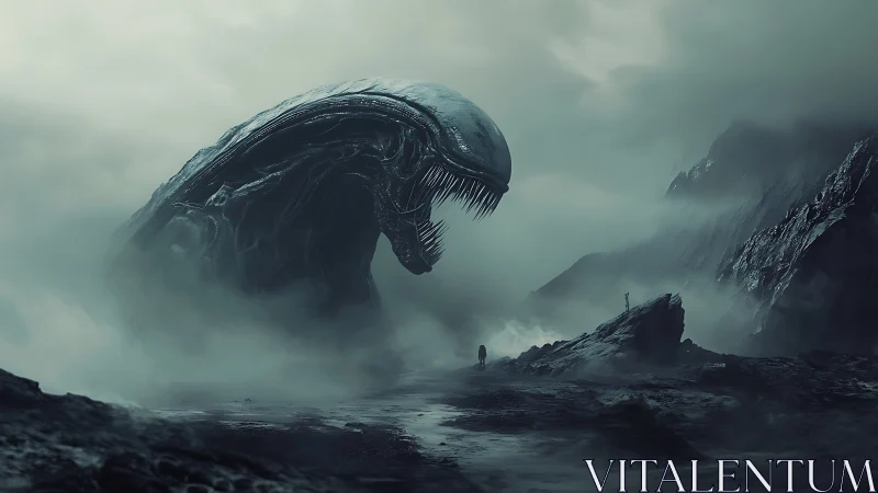 Monochrome alien leviathan in mist-shrouded wasteland panorama.