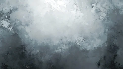 Abstract gray and white textured painting with light center.