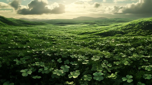 Clover covered grassy hills extend under bright backlit clouds