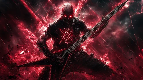 Infernal cyber demon guitarist wielding jagged V guitar amid plasma