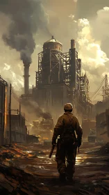 Lone wasteland sentinel pacing toward the smoking citadel.