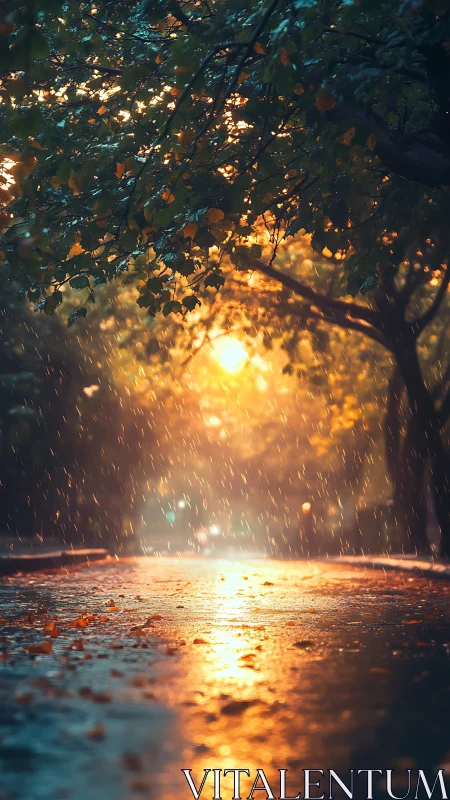 Golden rainlit street glows softly beneath autumn trees