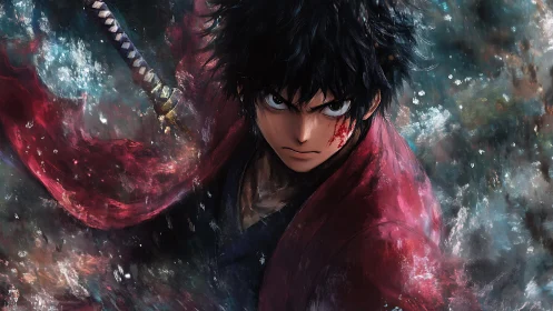 Battle-hardened swordsman glares forward through storm chaos