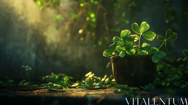 Sunlit potted clover rests in a tranquil, mossy courtyard