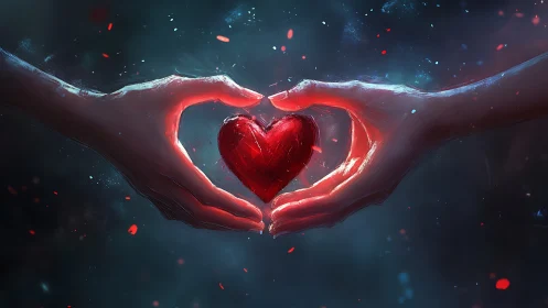 Glowing Heart Held Between Hands in Cosmic Space.