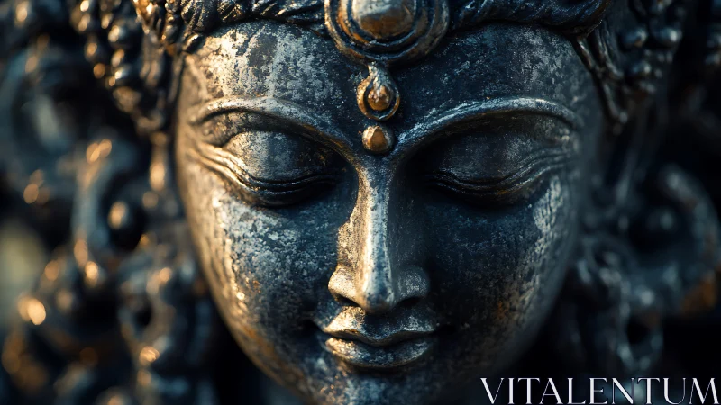 Serene metal goddess sculpture in dramatic closeup light.