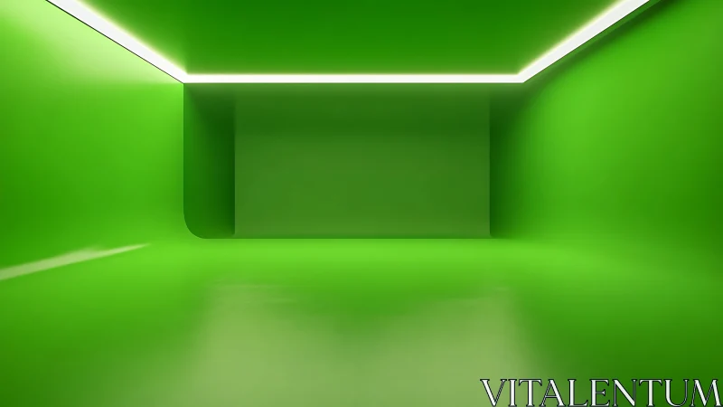 Minimalist green studio room with linear ceiling light.
