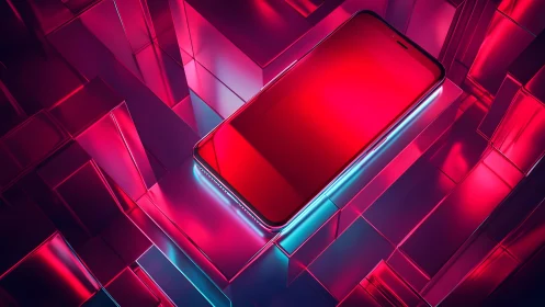 Futuristic Smartphone on Neon Geometric Blocks, Digital Art Style.