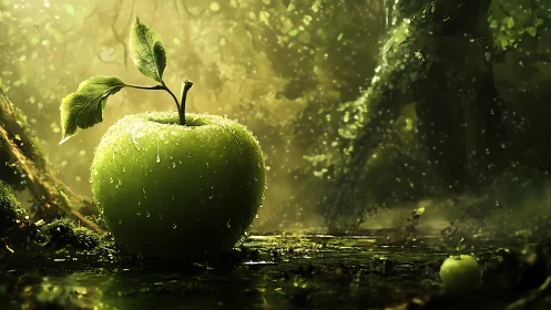 Luminous green apple resting in an enchanted forest pool.