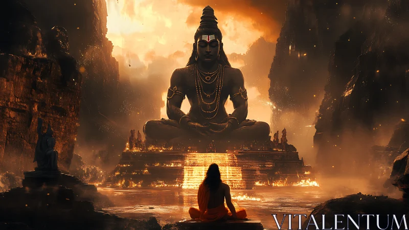 Colossal Shiva monument dominates molten, firelit canyon temple