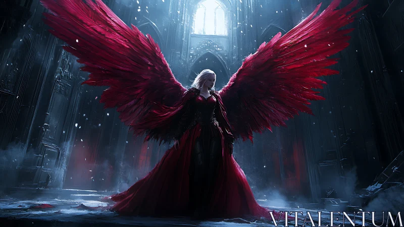 Digital painting of crimson-winged angel in ruined cathedral.
