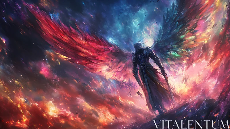 Winged armored figure stands amid chromatic turbulent sky