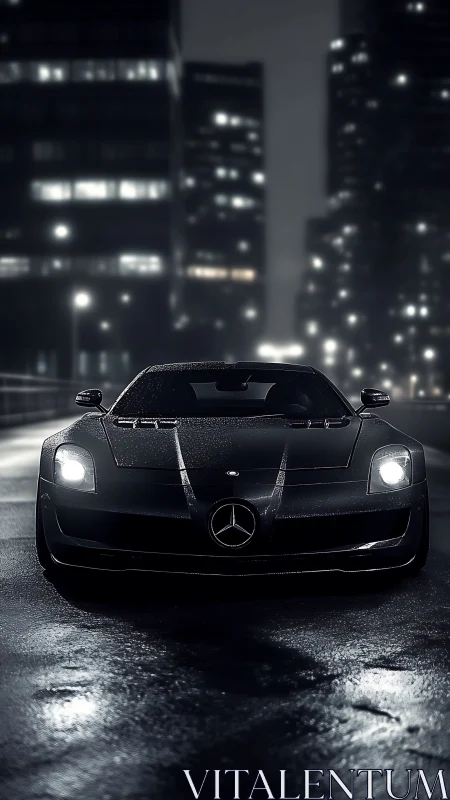 Front view of black Mercedes sports car on wet city road.