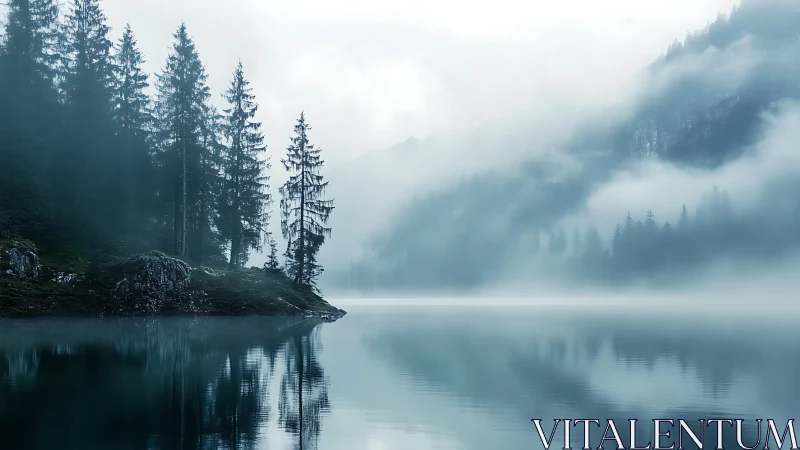 Misty conifer forest reflected on tranquil mountain lake.