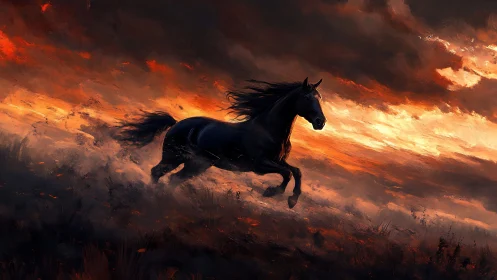 Midnight horse racing through a stormy painted sunset.