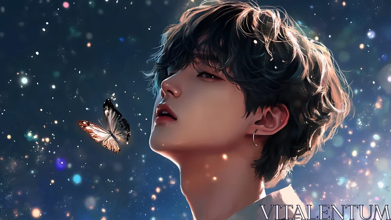 Ethereal youth gazes at glowing butterfly in stardust night.