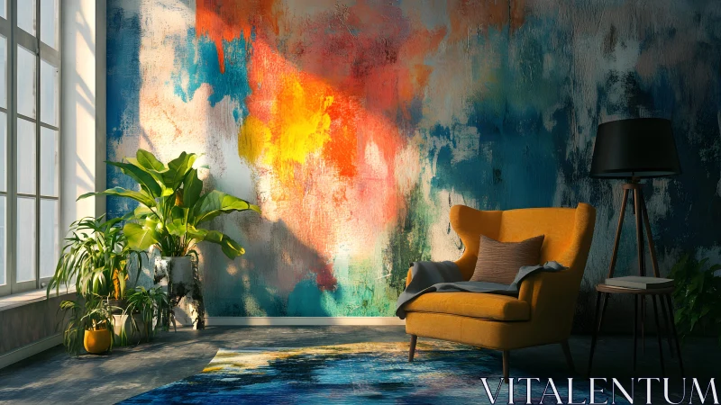 Modern living room with abstract mural and mustard armchair.