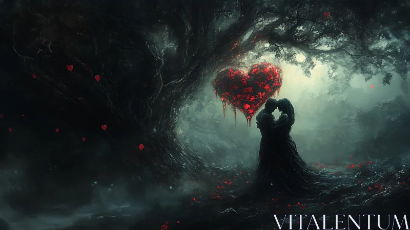 Solitary Figure Beneath Floating Heart in Mystical Forest.