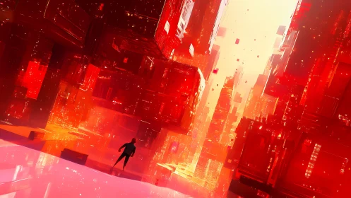 Silhouette traverses luminous red data canyon in tilted perspective