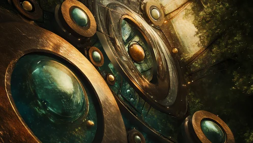 Futuristic circular portals embedded in organic structure.