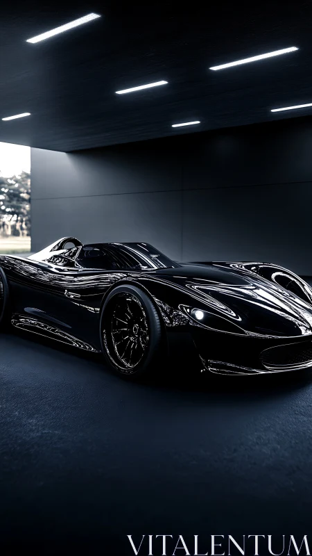 Black hypercar under modern ceiling lights in studio.