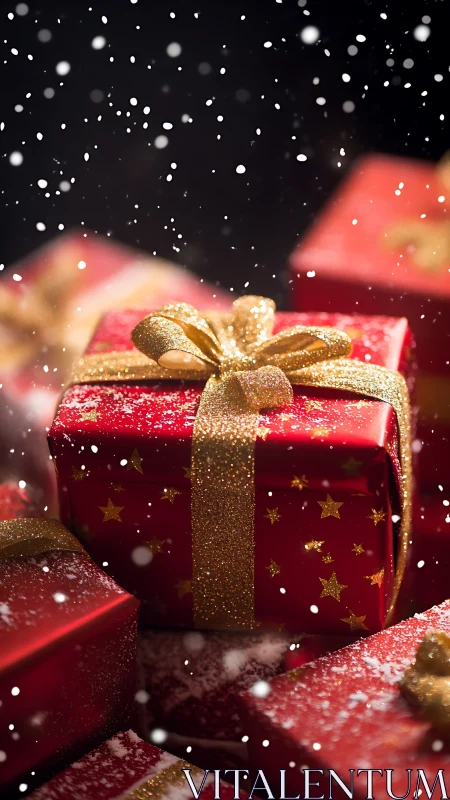 Gold-ribboned gifts glow as snowfall turns wrapping into starlight