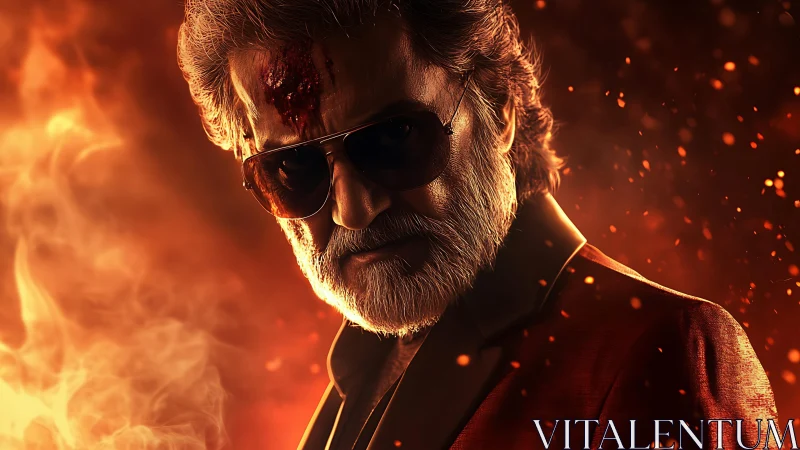 Older man in sunglasses stands amid drifting sparks and fire