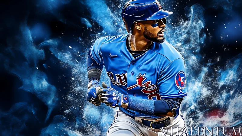 Dynamic blue-uniform baseball batter rendered with high-contrast digital effects