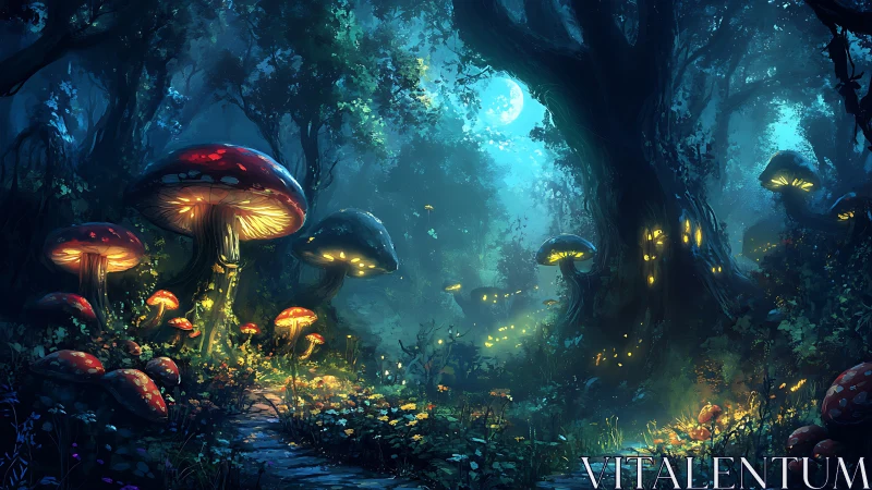 Bioluminescent mushroom forest under glowing blue moonlight