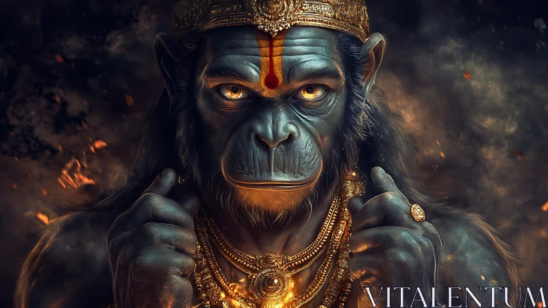Mythical humanoid ape portrait with ornate golden jewelry