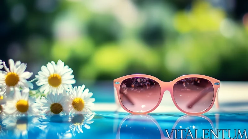 Pink Sunglasses by the Pool with Daisies.