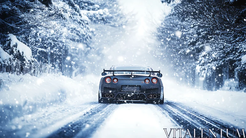 Sports coupe on snow covered road in dense winter snowfall.
