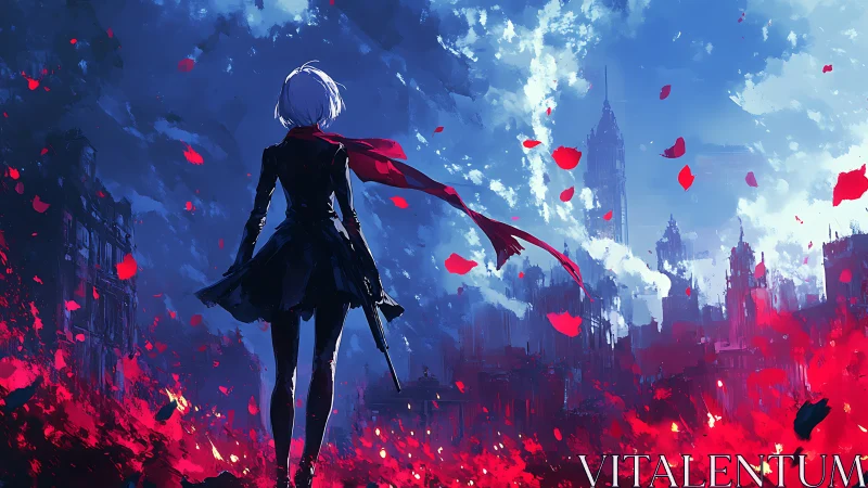 Solitary figure in red scarf facing ruined cityscape.