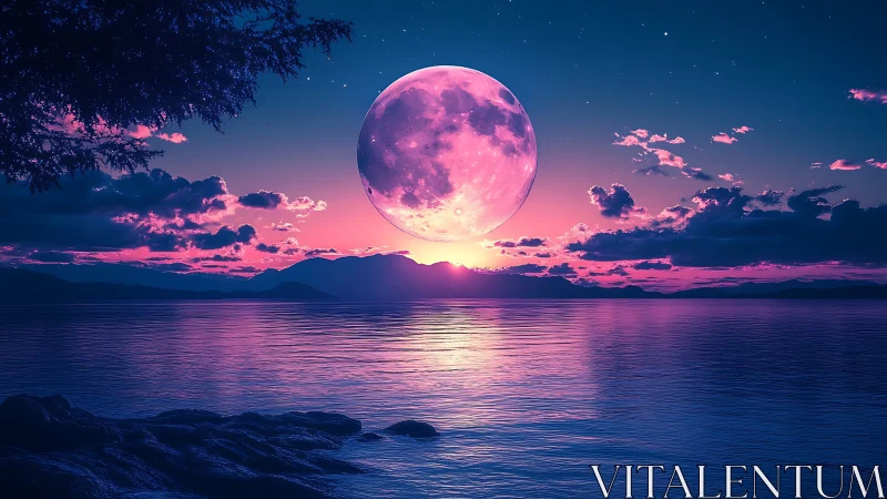 Neon lunar seascape with chromatic horizon and reflections.