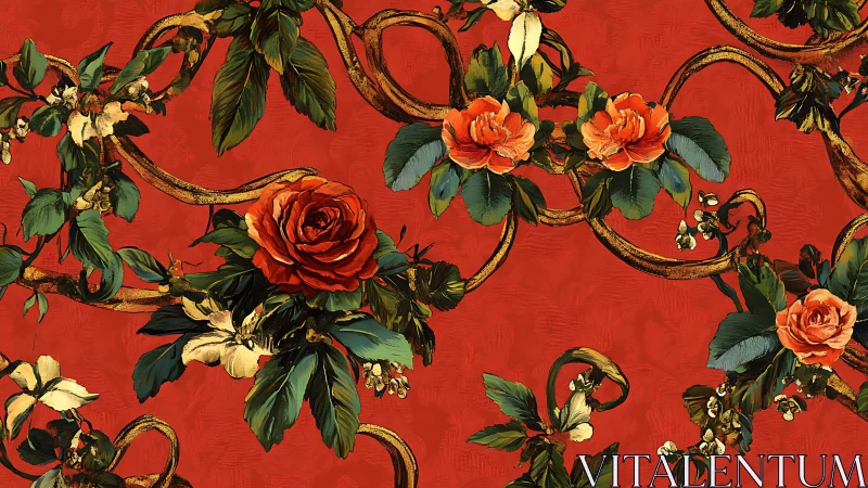 Crimson Garden Tapestry: Gilded Roses Dance Across Scarlet Canvas.